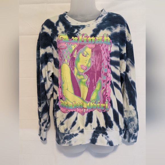 AALIYAH Tops - AALIYAH Blue Tie Dye Crew Neck Neon Screen Print Pullover Sweatshirt M